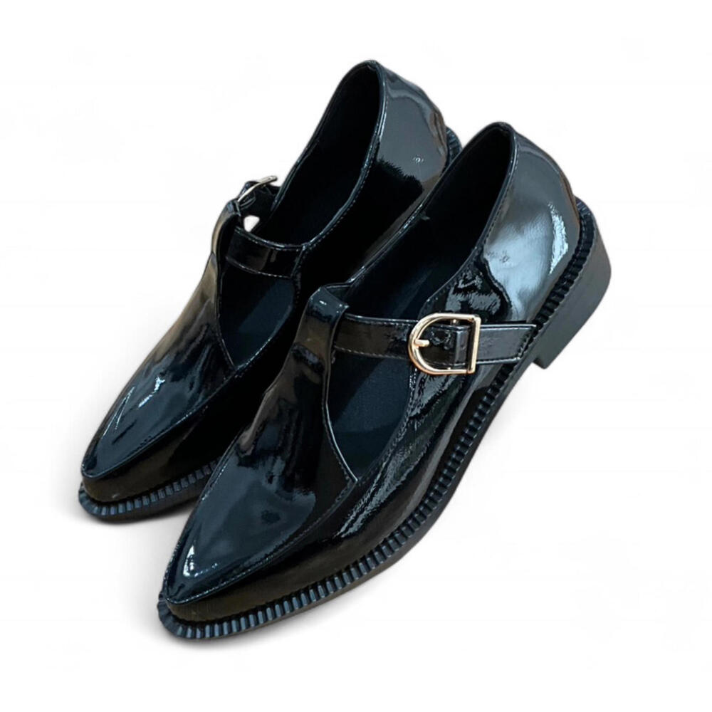 NIB EURO Black Patent Faux Leather Chunky Platform Pointed Toe Mary Jane Shoes - Picture 6 of 7